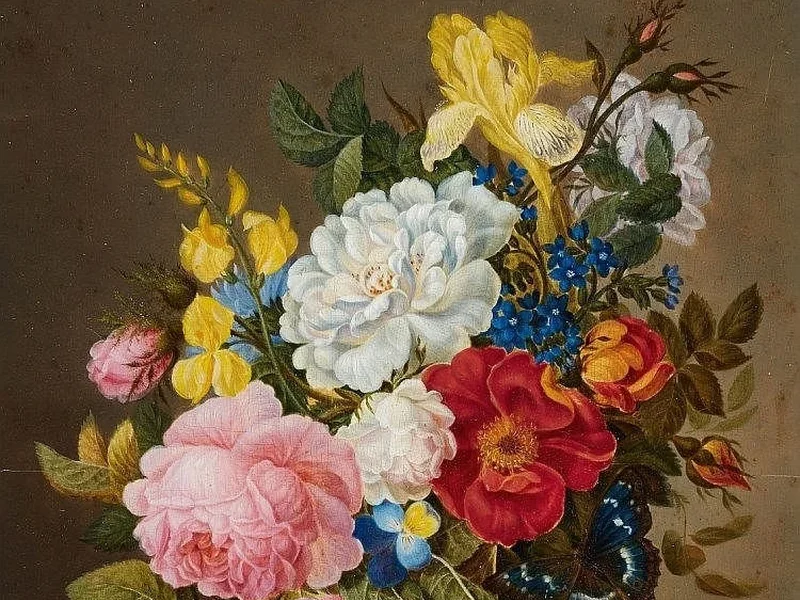 1777-Adelheid Friedericke Braun - Natura morta con rose, iris, nontiscordardimé, viole del pensiero e altri fiori in un vaso di vetro